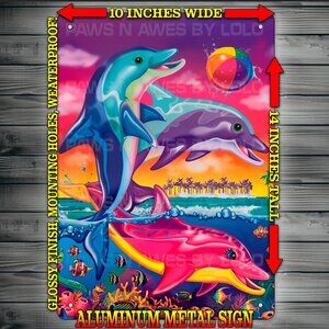 Lisa Frank 90s Dolphins in Rainbow Reef Metal Sign Wall Art 10" x 14"